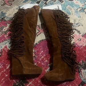 Steve Madden Badgess Suede Fringe Wedge 5” Knee-High Boots